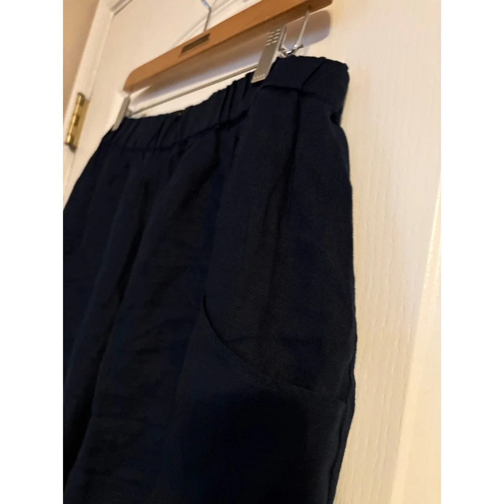 Quince 100% European Linen Pants Navy Blue Elastic Waist Wide Leg XL Womens